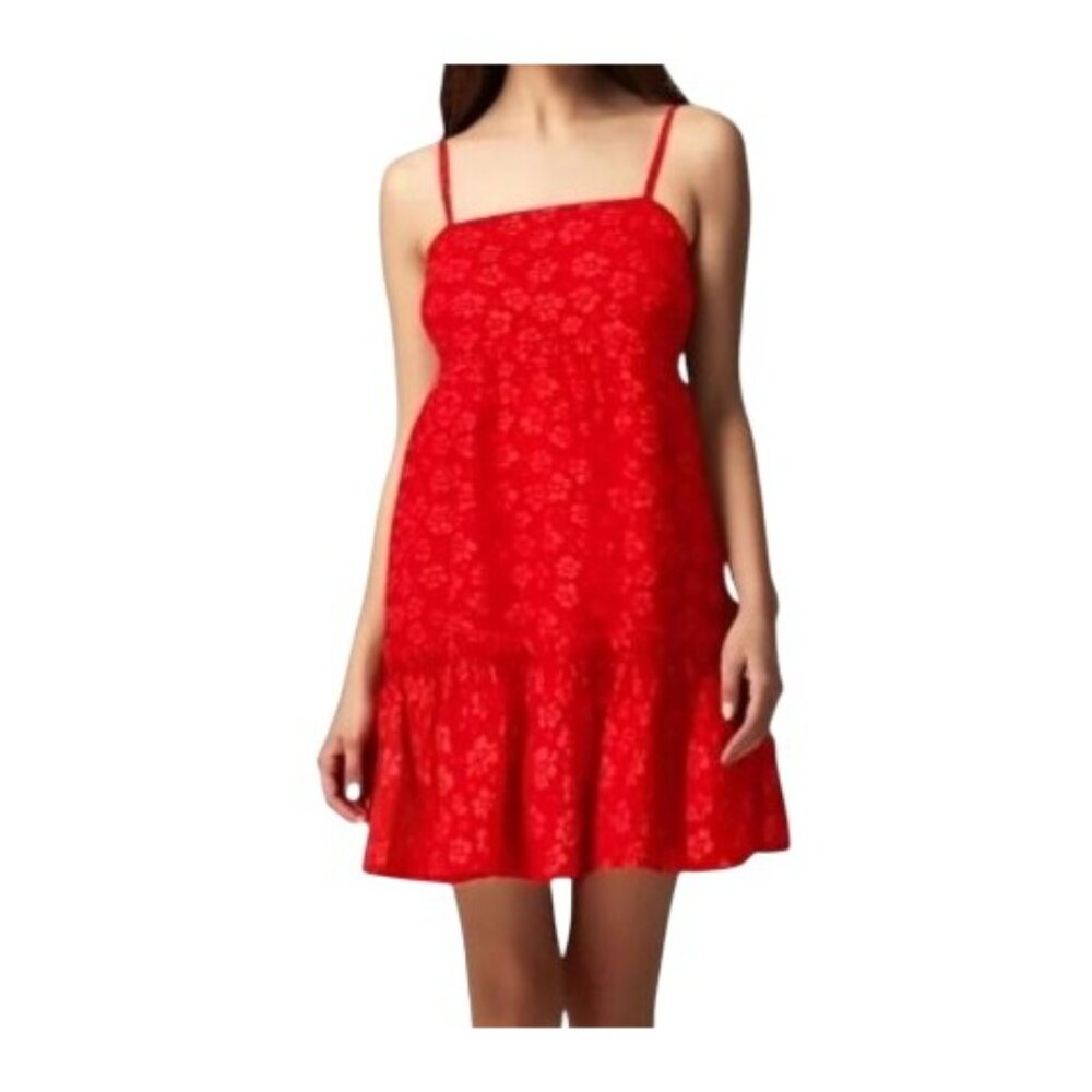 NEW CeCe Womens Floral‎ Print Babydoll Mini Dress Mars Red Size M Tiered Ruffled - Picture 2 of 12